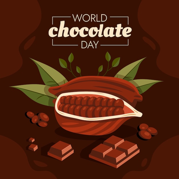 Vettore gratuito illustrazione della giornata mondiale del cioccolato piatto con fava di cacao