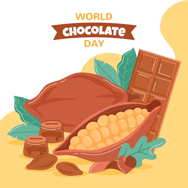 코코아 콩으로 평평한 세계 초콜릿의 날 그림