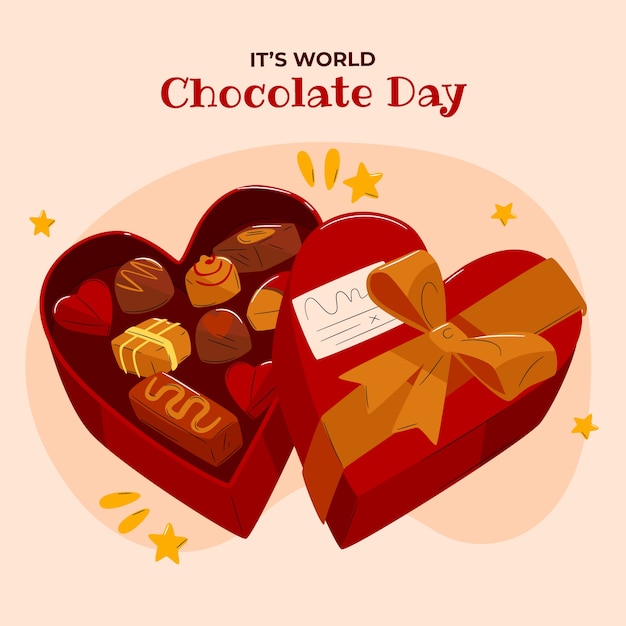 Vettore gratuito illustrazione della giornata mondiale del cioccolato piatto con scatola del cuore e dolci