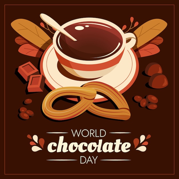 Vettore gratuito illustrazione della giornata mondiale del cioccolato piatto con cioccolata calda