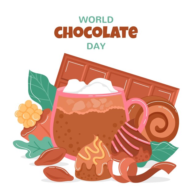 Illustrazione della giornata mondiale del cioccolato piatto con cioccolata calda