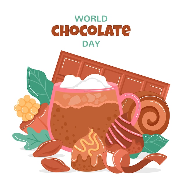 핫 초콜릿이 있는 평평한 세계 초콜릿의 날 그림