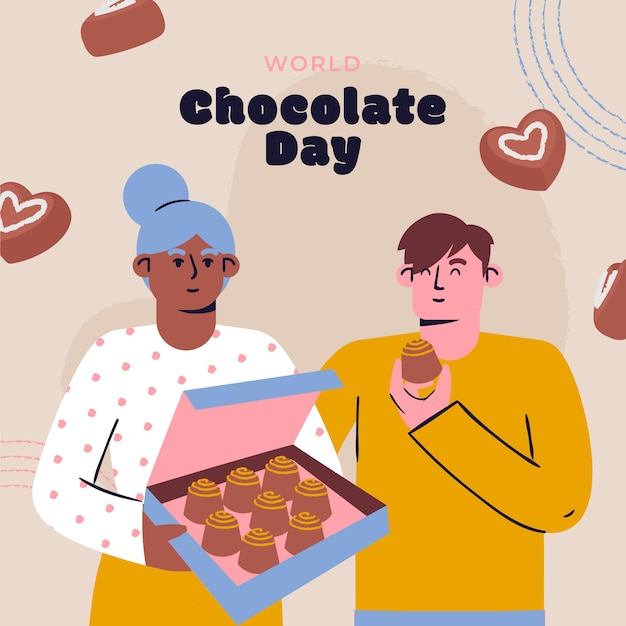 Vettore gratuito illustrazione della giornata mondiale del cioccolato piatto con persone che si godono i dolci al cioccolato