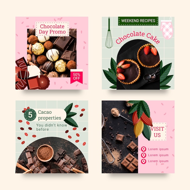 Vettore gratuito collezione di post instagram per la giornata mondiale del cioccolato piatto