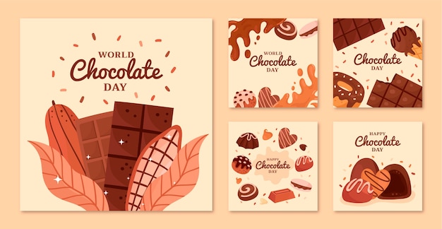 Vettore gratuito collezione di post instagram per la giornata mondiale del cioccolato piatto