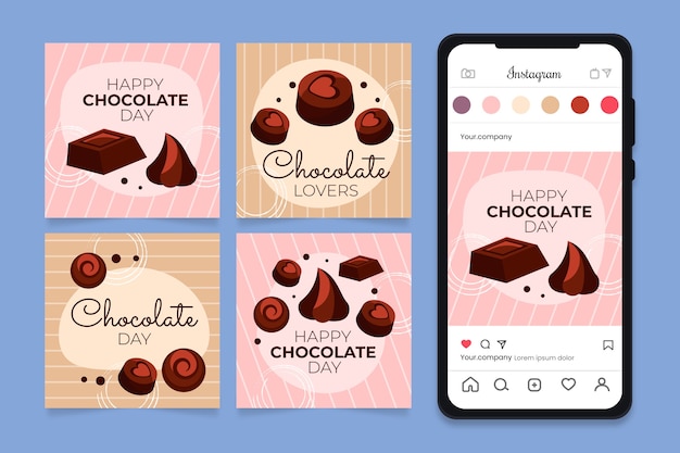 Vettore gratuito collezione di post instagram per la giornata mondiale del cioccolato piatto