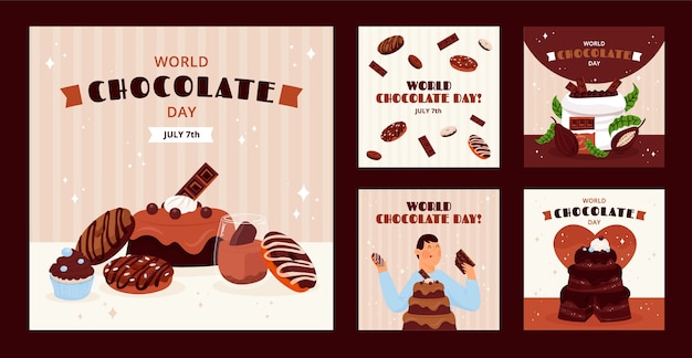 Free vector flat world chocolate day instagram posts collection