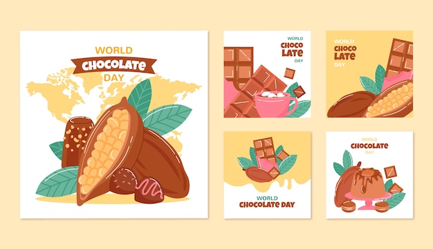 Vettore gratuito collezione di post instagram per la giornata mondiale del cioccolato piatto