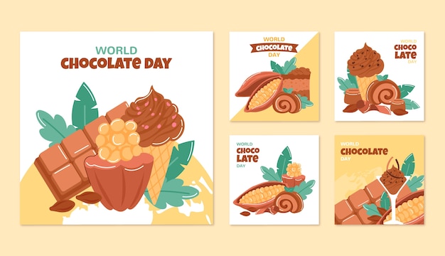 Vettore gratuito collezione di post instagram per la giornata mondiale del cioccolato piatto