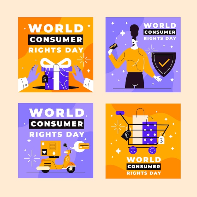 Vettore gratuito collezione di post instagram per la giornata mondiale dei diritti dei consumatori piatta