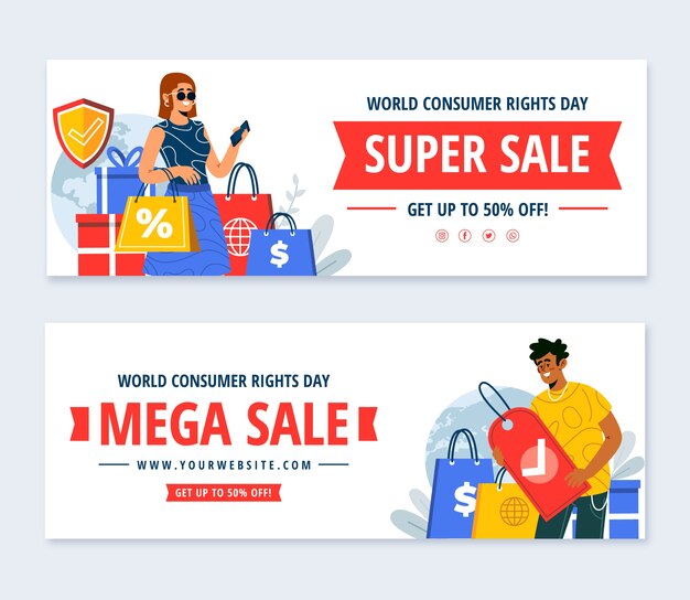 Flat world consumer rights day sale horizontal banners set