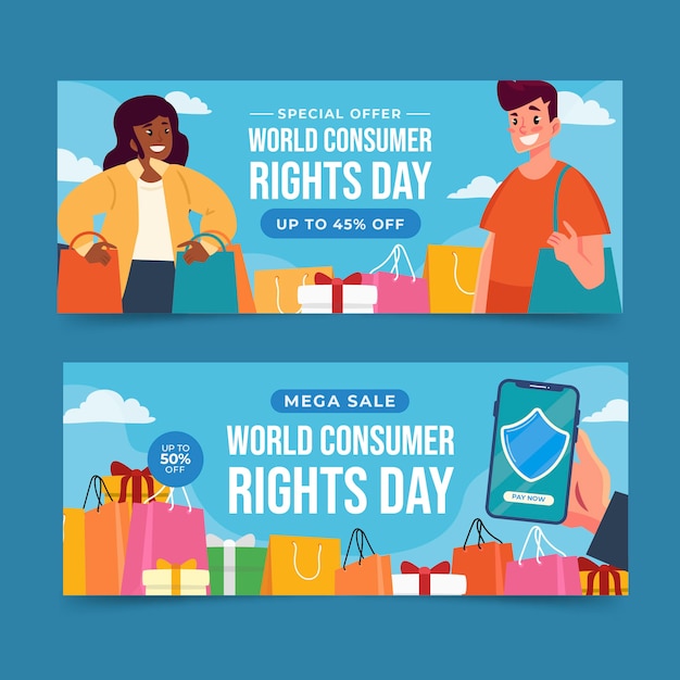 Flat world consumer rights day sale horizontal banners set