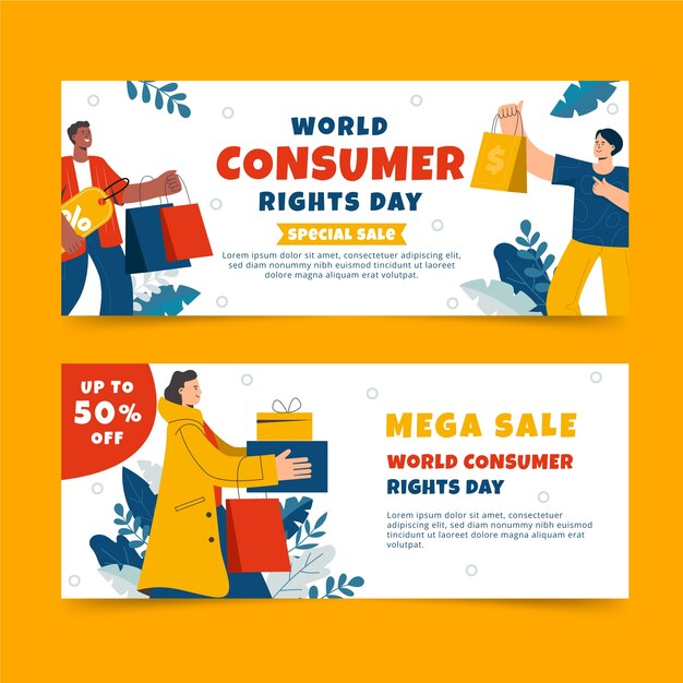 Flat world consumer rights day sale horizontal banners set