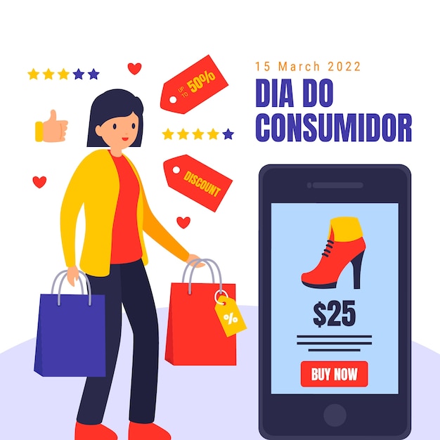 Flat world consumer rights illustration in portuguese