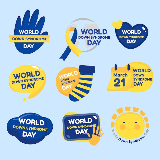 Collezione di badge per la giornata mondiale della sindrome di down piatto