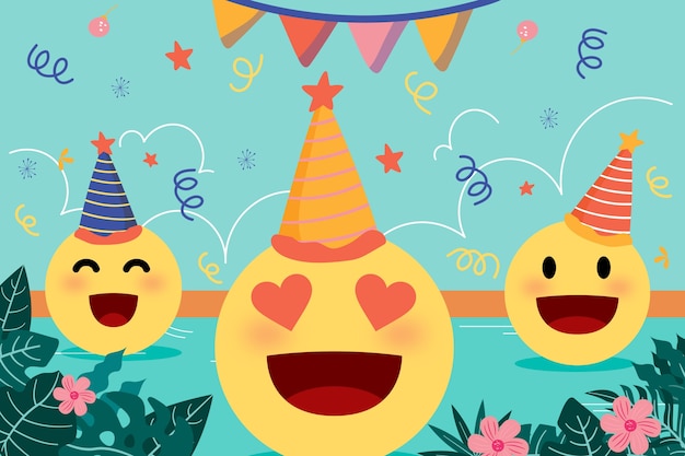 Flat world emoji day background with emoticons