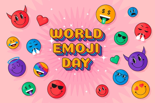 Flat world emoji day background with emoticons