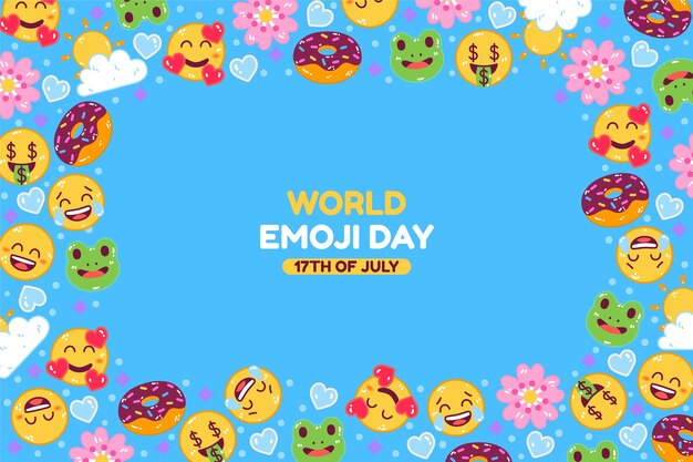 Flat world emoji day background with emoticons