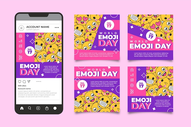 Бесплатное векторное изображение Плоский мир emoji day instagram post collection