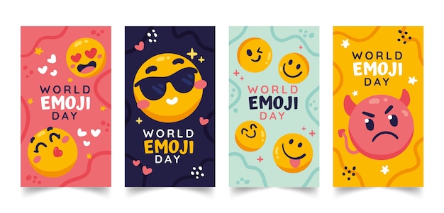 Collezione di storie di instagram per la giornata mondiale delle emoji piatte con emoticon