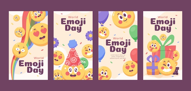 Vettore gratuito collezione di storie di instagram per la giornata mondiale delle emoji piatte con emoticon