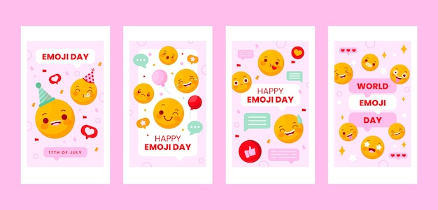 Collezione di storie di instagram per la giornata mondiale delle emoji piatte con emoticon