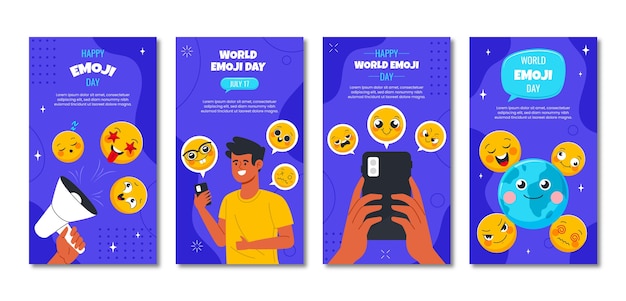 Vettore gratuito collezione di storie di instagram per la giornata mondiale delle emoji piatte con emoticon