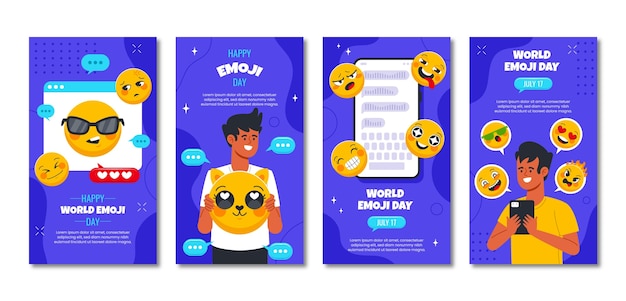 Vettore gratuito collezione di storie di instagram per la giornata mondiale delle emoji piatte con emoticon