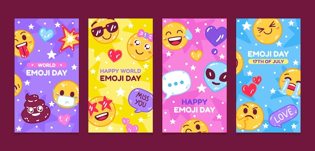 Vettore gratuito collezione di storie di instagram per la giornata mondiale delle emoji piatte con emoticon