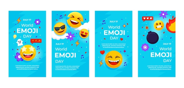 Vettore gratuito collezione di storie di instagram per la giornata mondiale delle emoji piatte