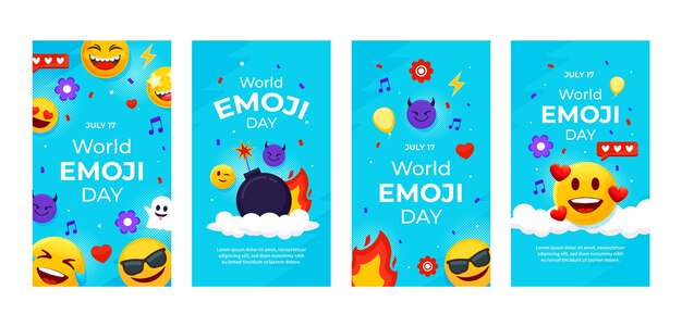 Vettore gratuito collezione di storie di instagram per la giornata mondiale delle emoji piatte