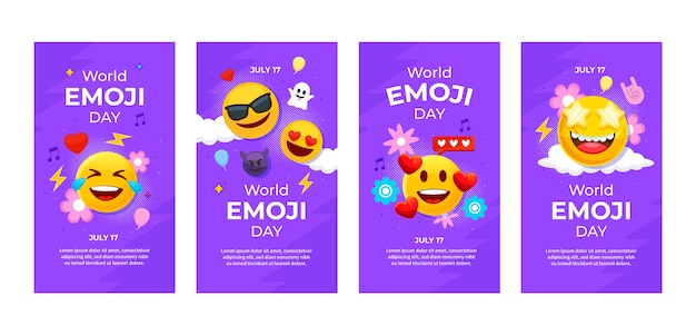 Vettore gratuito collezione di storie di instagram per la giornata mondiale delle emoji piatte