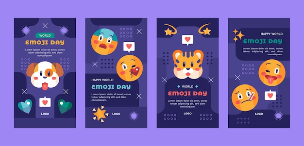 Vettore gratuito collezione di storie di instagram per la giornata mondiale delle emoji piatte