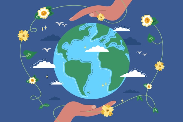 Flat world environment day background with hands around planet and flowers