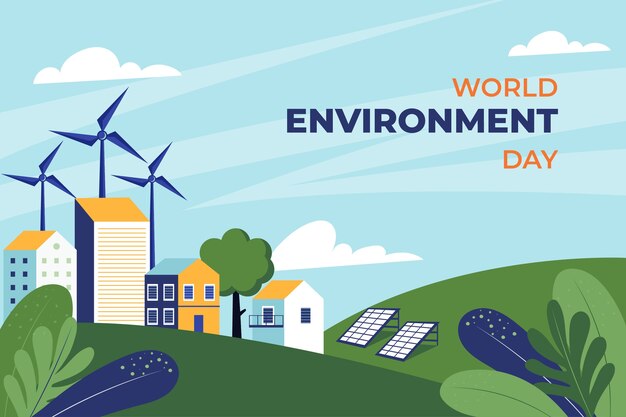 Плоский всемирный день окружающей среды фон с ветряными турбинами и зданиями