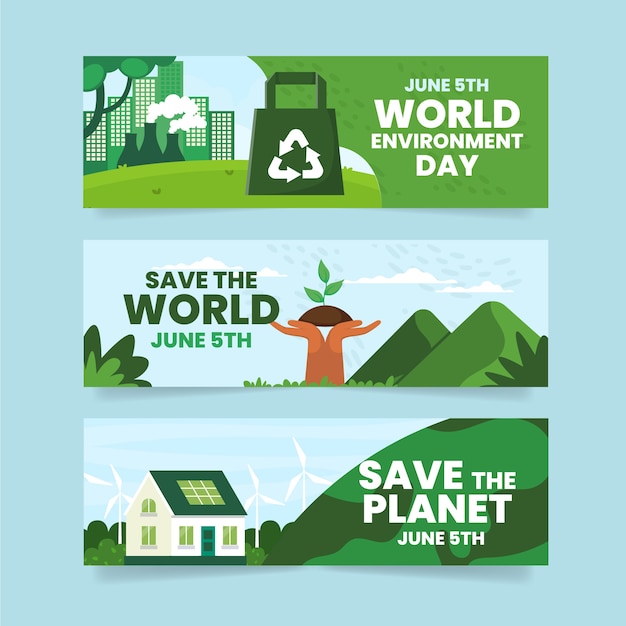 Flat  world environment day horizontal banners collection