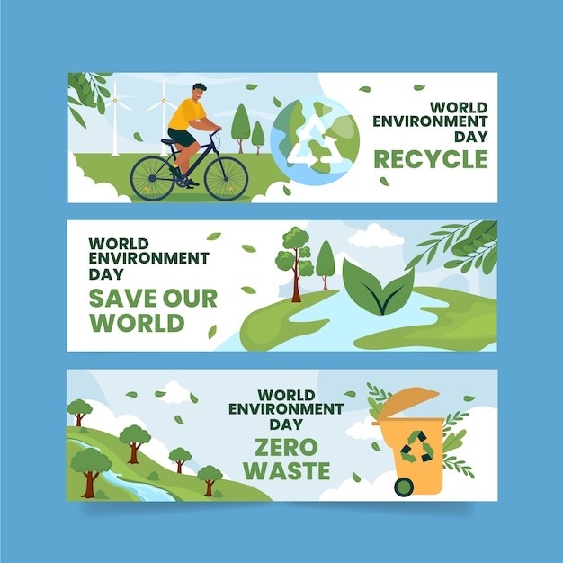 Flat  world environment day horizontal banners collection