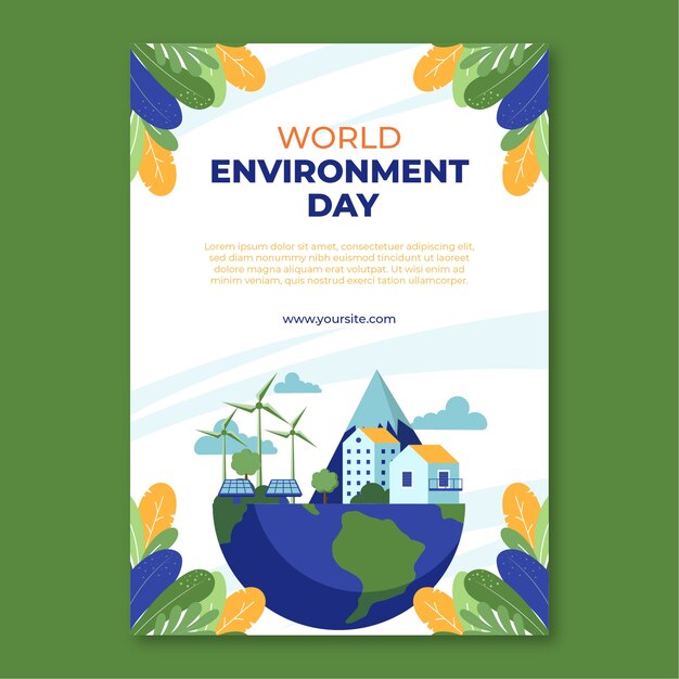 Flat world environment day vertical poster template with wind turbines and leaves