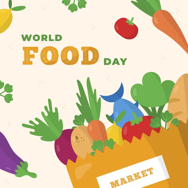 Плоская иллюстрация события всемирного дня еды с овощами и рыбой