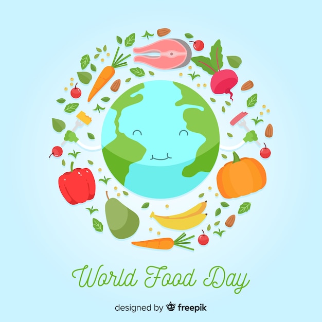 Flat world food day with happy planet earth