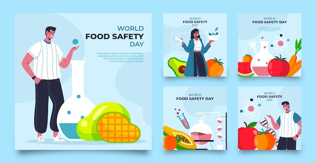 Free vector flat world food safety day instagram posts collection