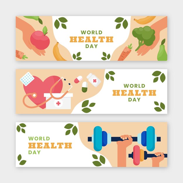 Vettore gratuito set di banner orizzontali per la giornata mondiale della salute piatta