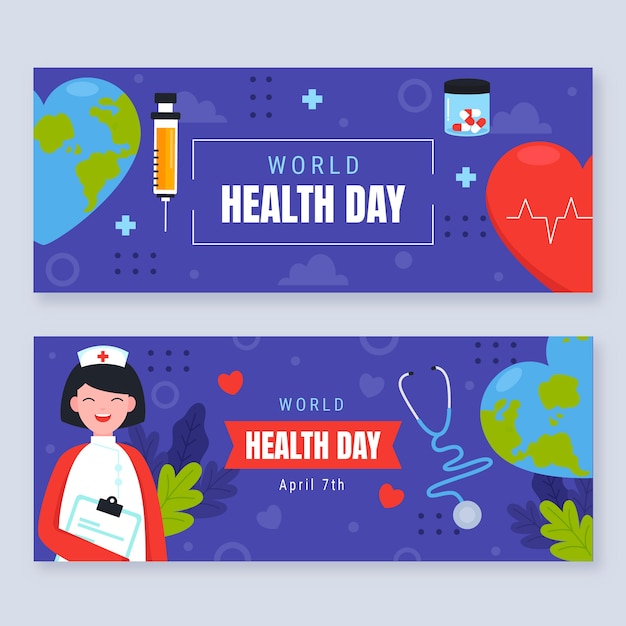 Бесплатное векторное изображение Набор горизонтальных баннеров плоского всемирного дня здоровья