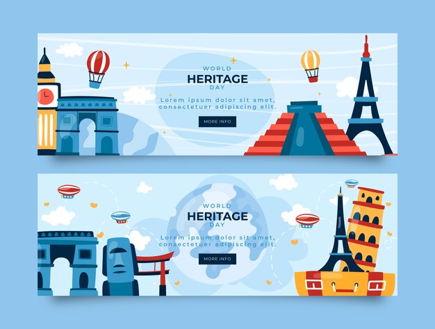 Flat world heritage day horizontal banners pack