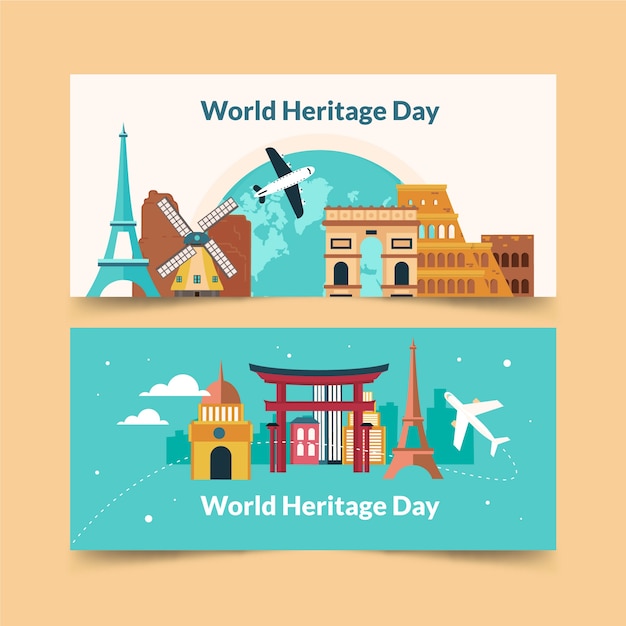 Flat world heritage day horizontal banners set