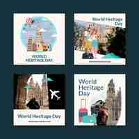 Free vector flat world heritage day instagram posts collection