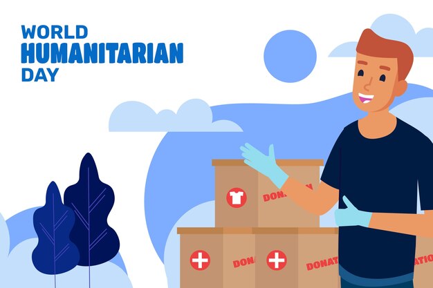 Плоский всемирный гуманитарный день фон с человеком, показывающим коробки