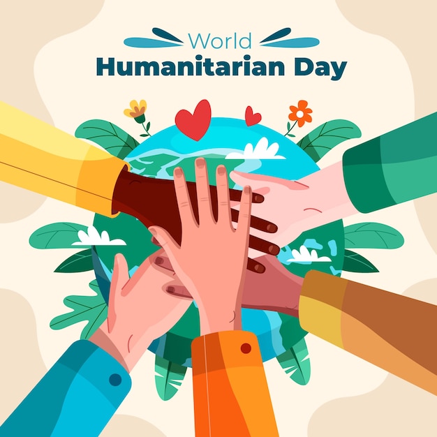 Flat world humanitarian day illustration with hands together over planet