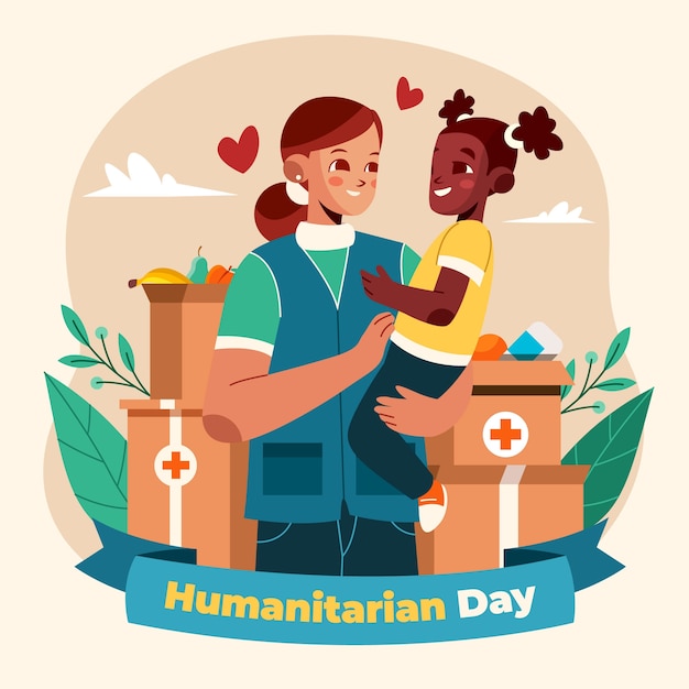 Free vector flat world humanitarian day illustration with people and donation boxes