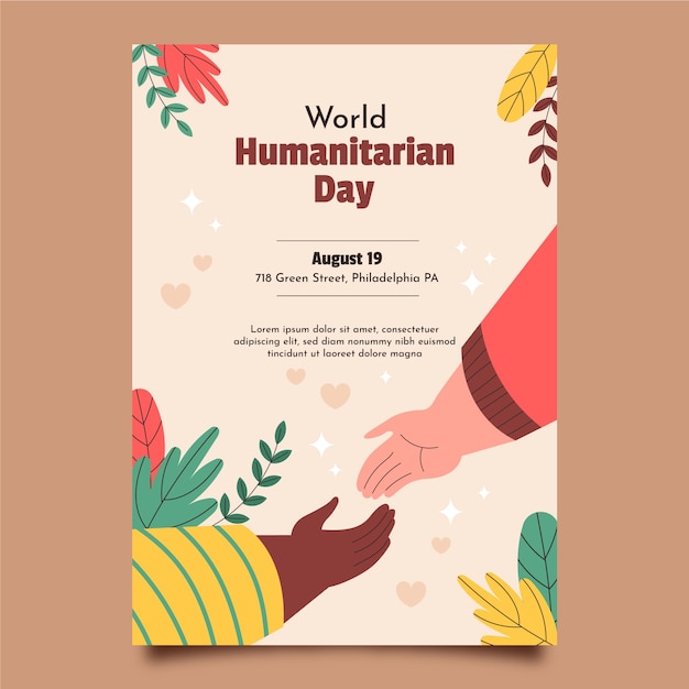 Flat world humanitarian day poster template with hands coming together
